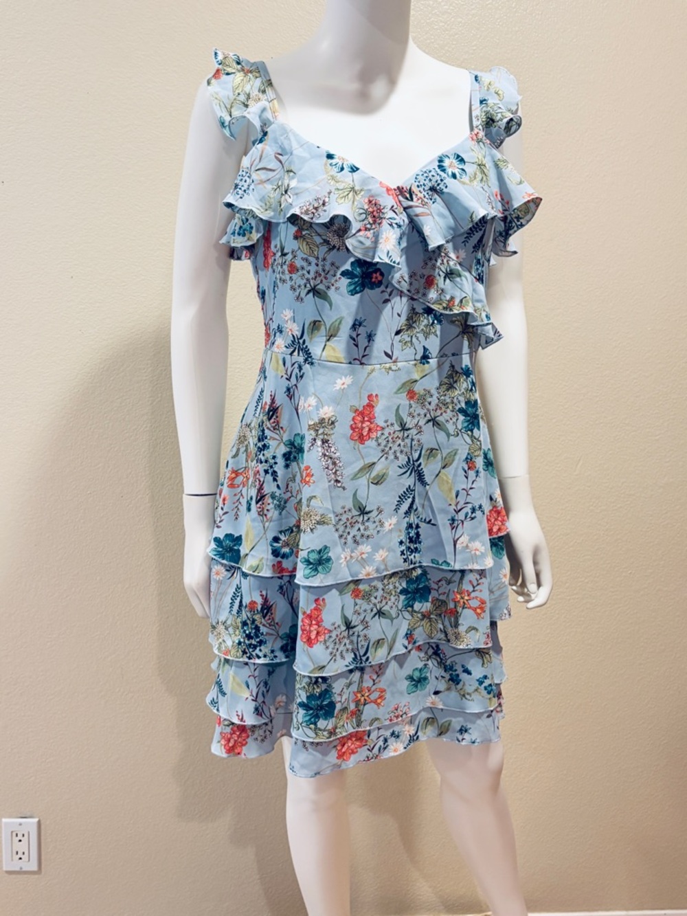 Sanctuary Light Blue Floral Ruffle Tiered Mini Dress Size S Romantic Cottage